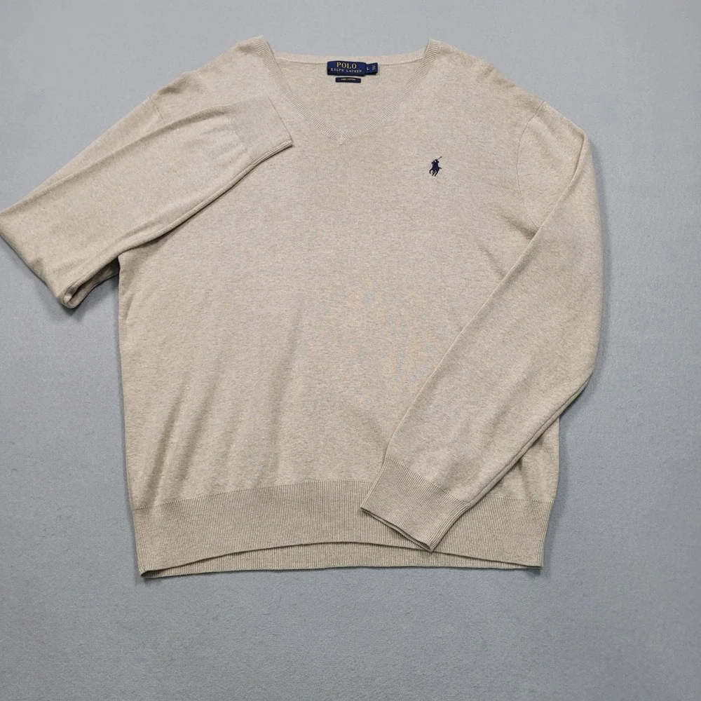 Polo Ralph Lauren Mens Pima Cotton V-Neck Sweater Beige Large Heather Classic